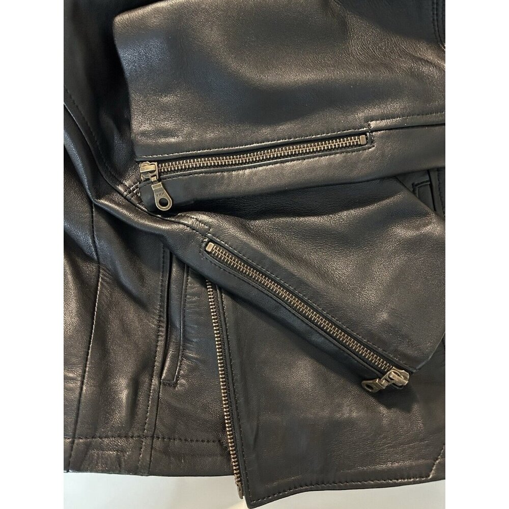 Vtg Pops Black Soft Leather Jacket Full Zip Blue Stitching Unisex Medium Large - Picture 6 of 12